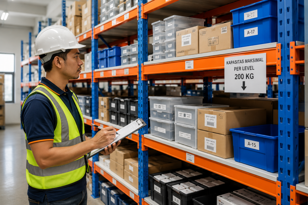 Petugas gudang menghitung kapasitas Light Duty Racking sebelum penyimpanan barang.