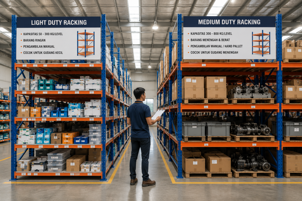 Perbandingan Light Duty Racking dan Medium Duty Racking di gudang modern.