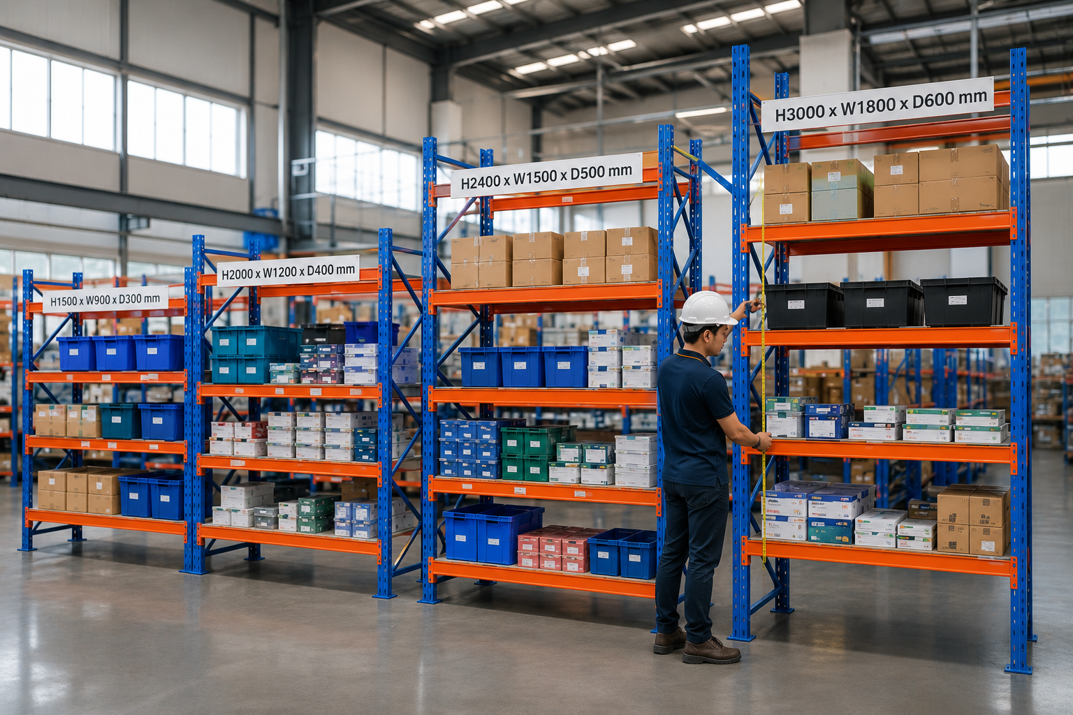 Ukuran Light Duty Racking dengan berbagai dimensi untuk penyimpanan barang ringan di gudang modern.