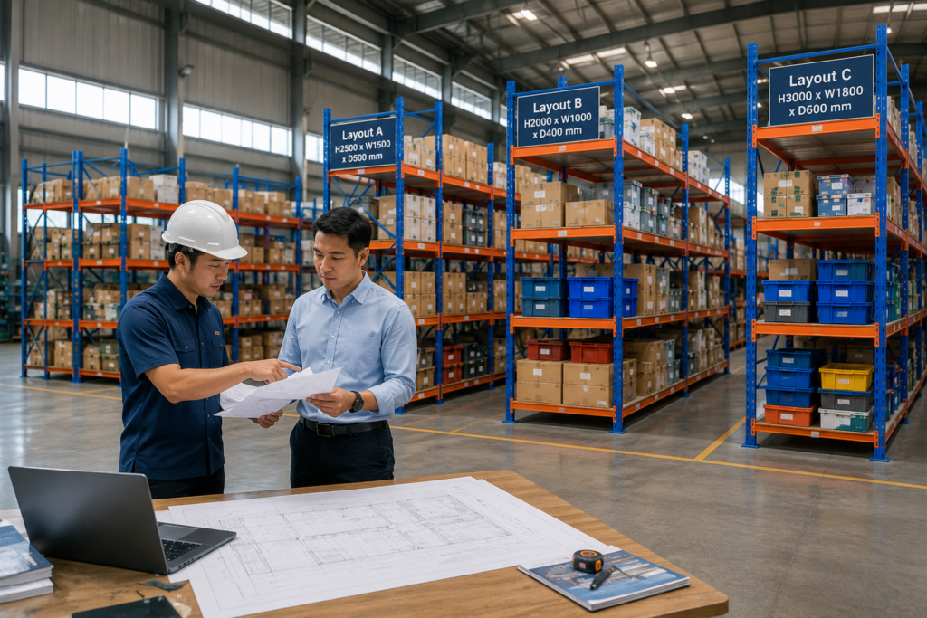 Light Duty Racking custom yang disesuaikan dengan ukuran gudang.