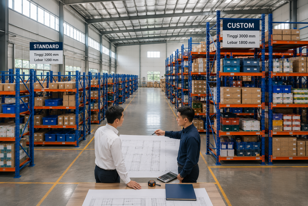 Perbandingan ukuran standar dan custom Light Duty Racking di gudang.