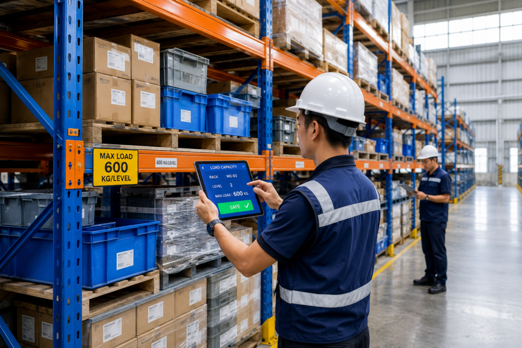 Pemeriksaan kapasitas Medium Duty Racking untuk penyimpanan barang berbeban sedang di gudang