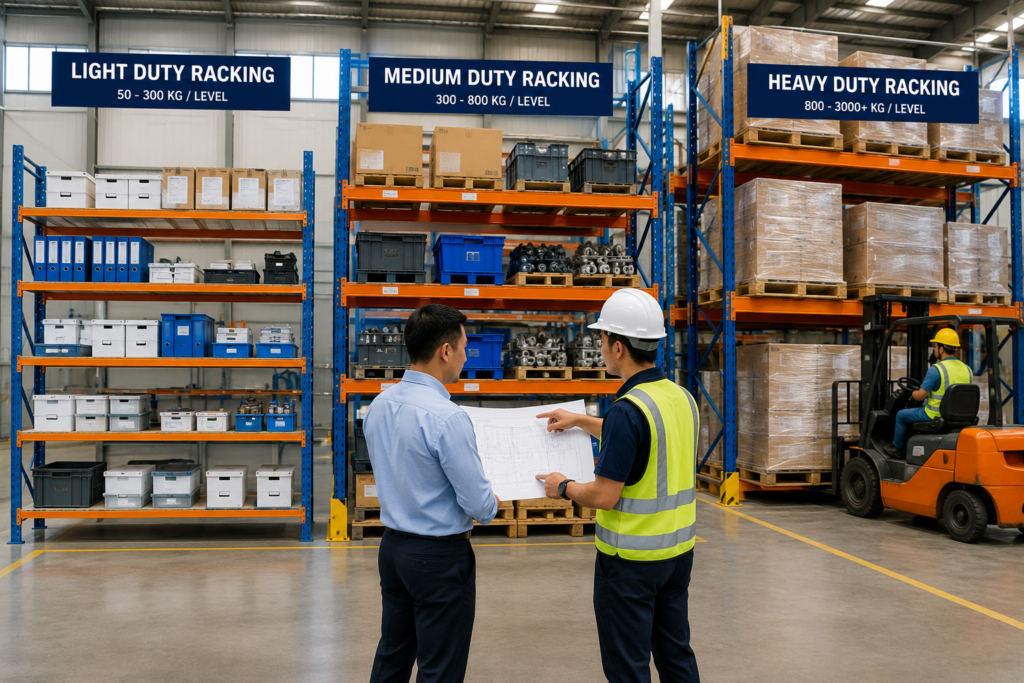 Perbandingan kapasitas Light Duty Racking, Medium Duty Racking, dan Heavy Duty Racking di gudang.