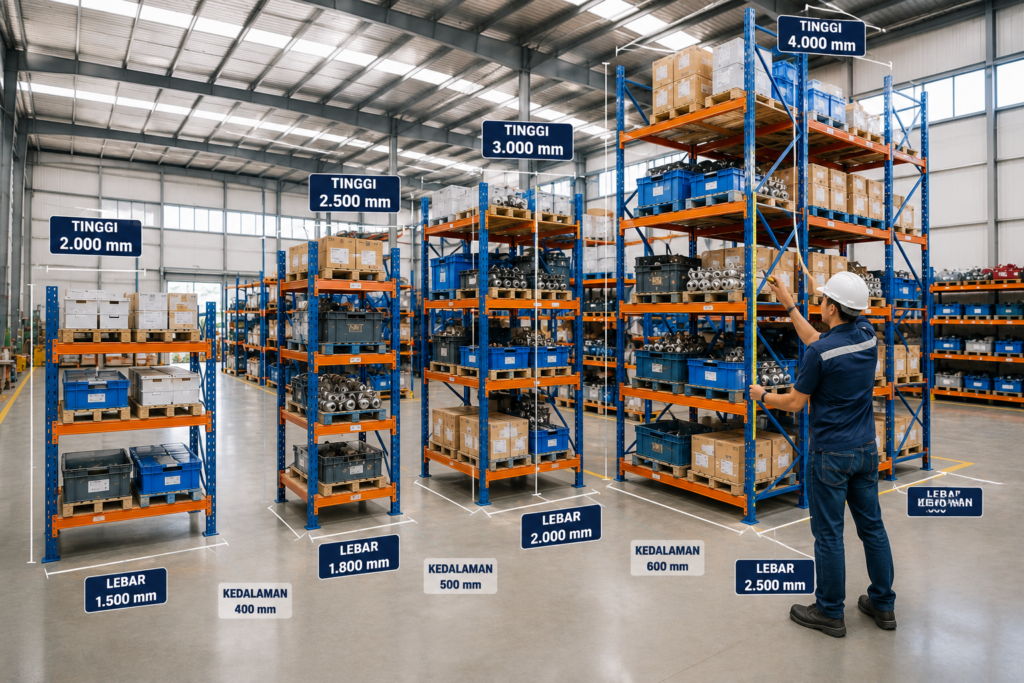 Pengukuran ukuran Medium Duty Racking untuk gudang industri.