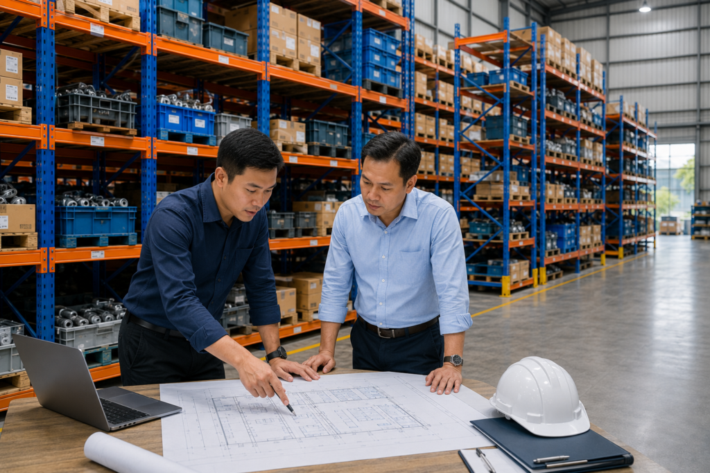 Medium Duty Racking custom yang disesuaikan dengan layout gudang.