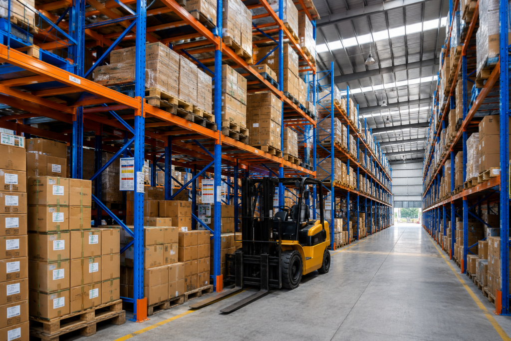 Rak gudang besi modern dengan sistem penyimpanan barang yang rapi di warehouse industri.