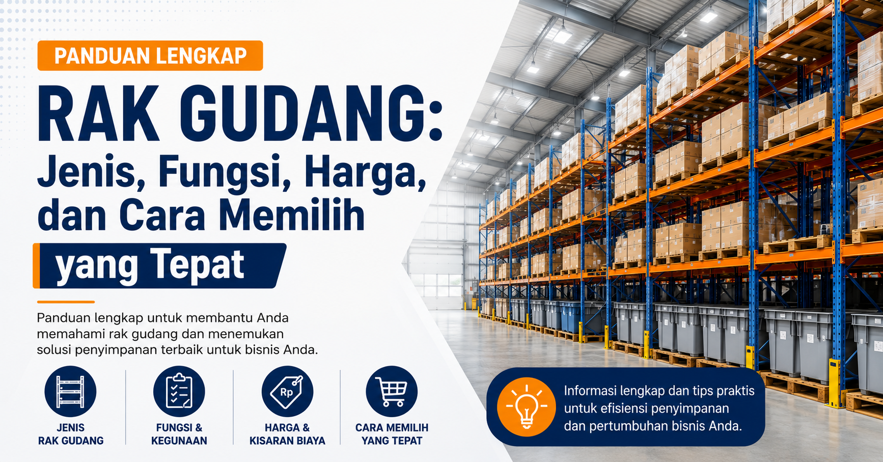 Rak gudang besi modern di warehouse industri untuk penyimpanan barang yang rapi dan efisien.