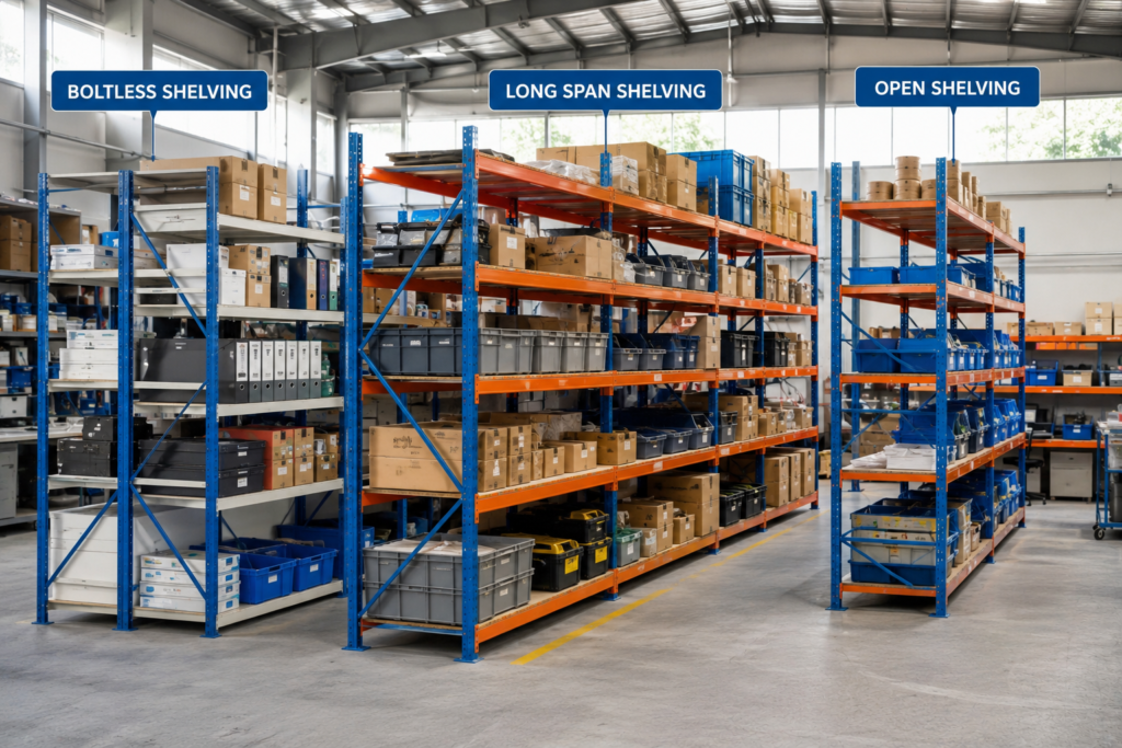 Berbagai jenis Light Duty Racking untuk kebutuhan penyimpanan barang ringan.