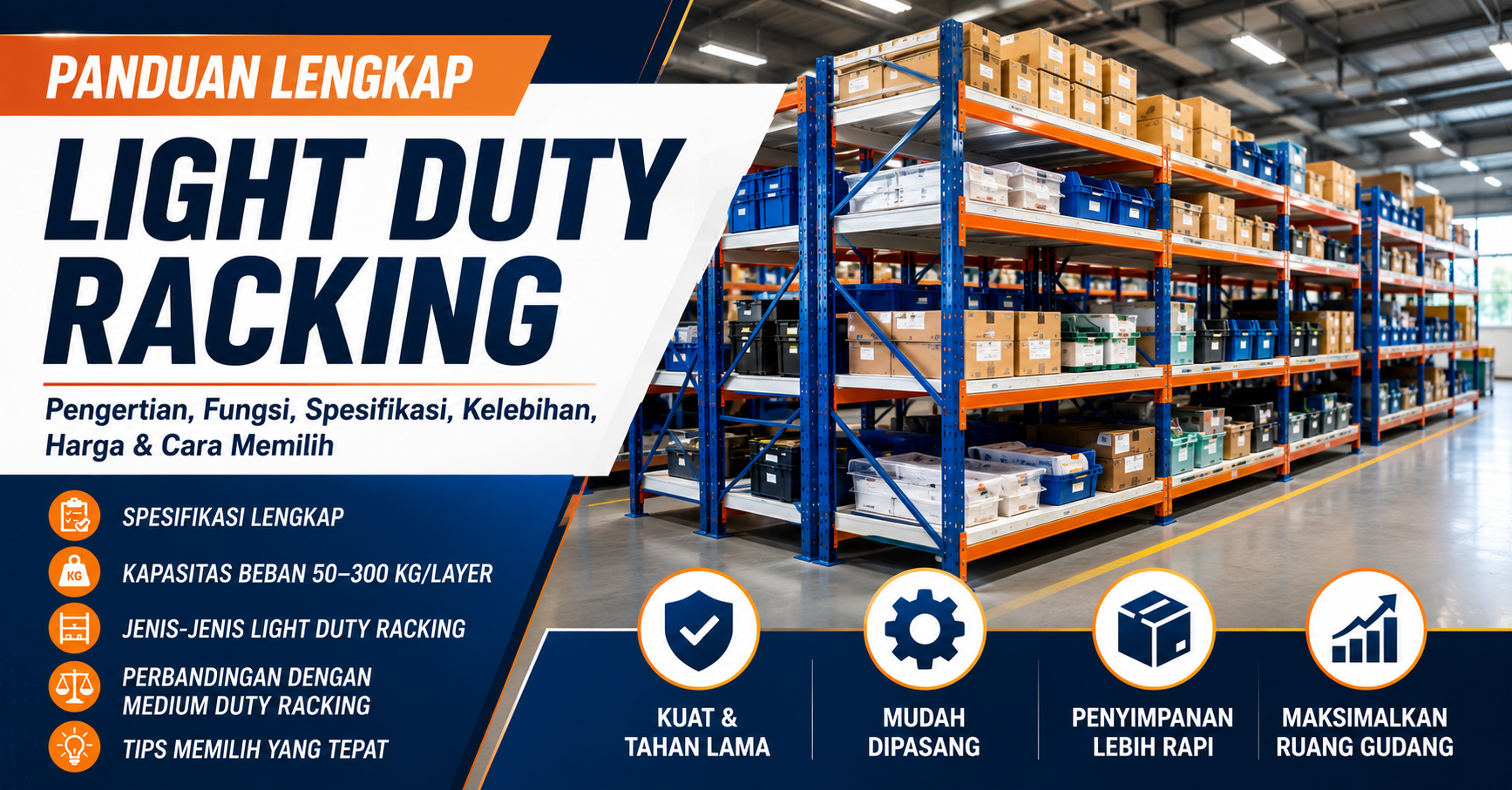 Light Duty Racking untuk gudang dengan rak besi baja berwarna biru dan oranye sebagai solusi penyimpanan barang ringan.