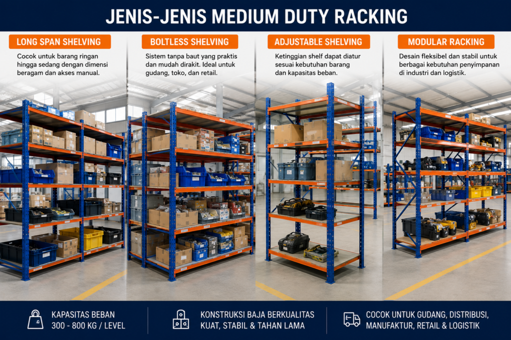 Perbandingan jenis Medium Duty Racking meliputi Long Span Shelving, Boltless Shelving, Adjustable Shelving, dan Modular Racking untuk berbagai kebutuhan gudang.