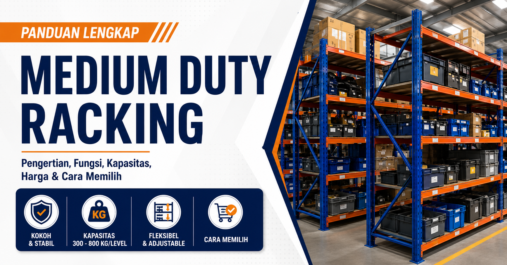 Medium Duty Racking di gudang modern untuk penyimpanan barang berbeban sedang.