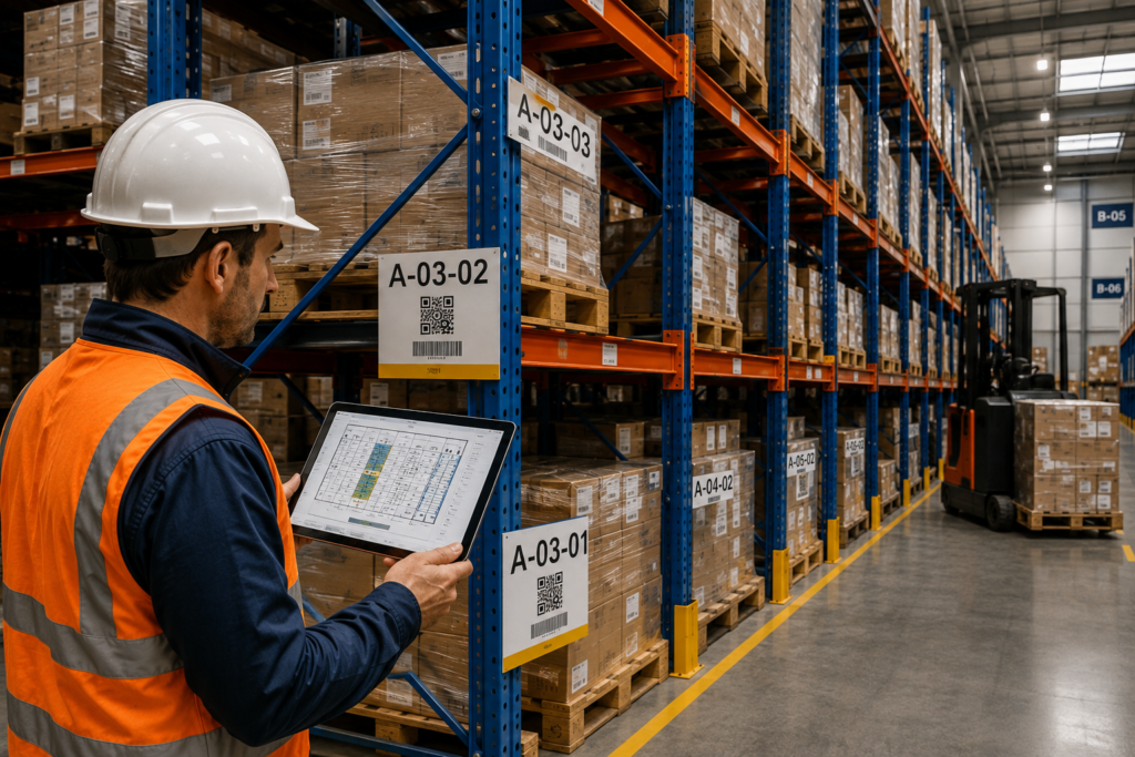 Teknisi memeriksa kode lokasi dan label rak pallet pada gudang