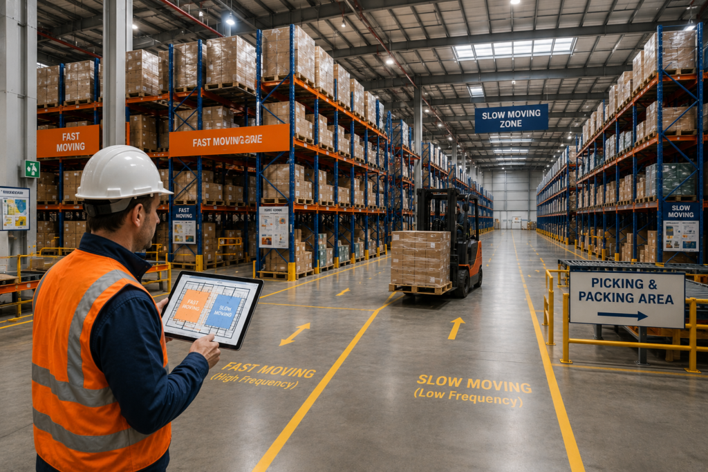 Gudang dengan zona fast moving dan slow moving berdasarkan frekuensi pergerakan barang
