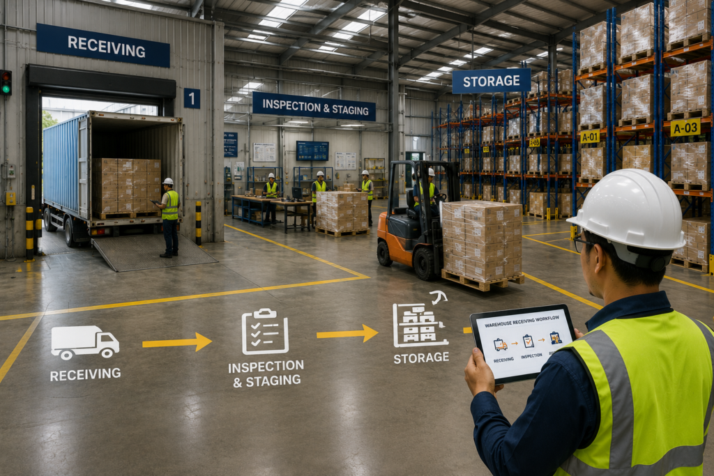 Alur receiving barang dari area penerimaan ke storage gudang