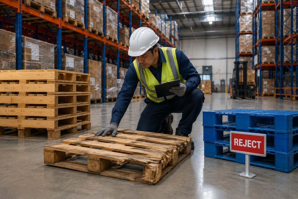 Pemeriksaan kondisi pallet sebelum masuk rak gudang