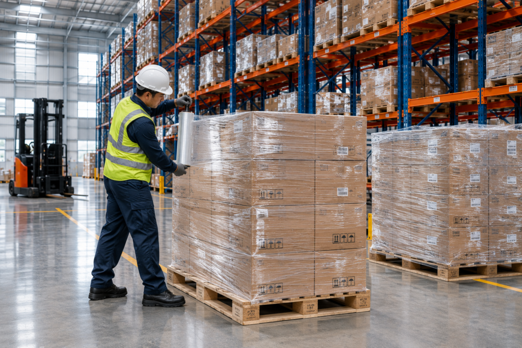 Pengamanan muatan pallet dengan stretch film